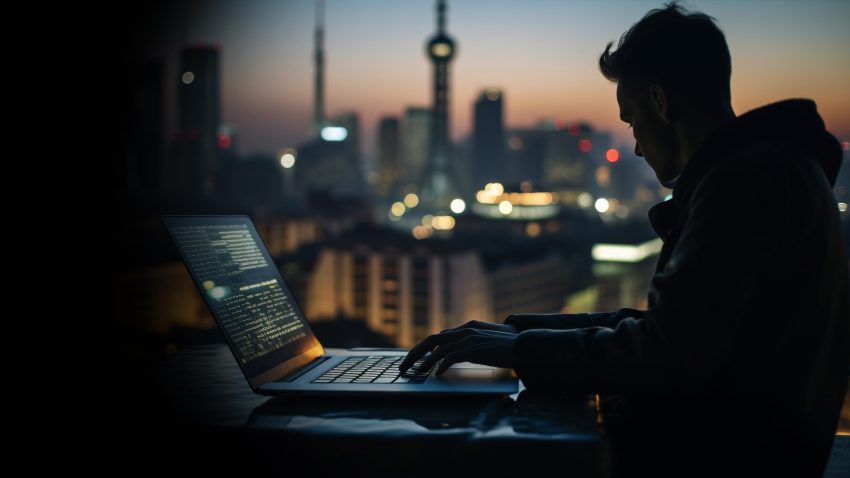 Person typing on a laptop at a dimly lit outdoor table with a blurred city skyline at dusk behind them.