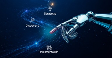 Robotic hand reaching toward a glowing digital network labeled Discovery, Strategy, and Implementation.