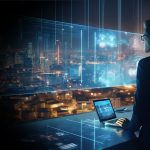 Man in a dark suit stands at a glass desk, looking at glowing holographic charts over a nighttime city skyline.