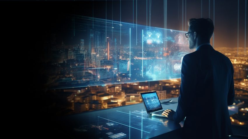 Man in a dark suit stands at a glass desk, looking at glowing holographic charts over a nighttime city skyline.