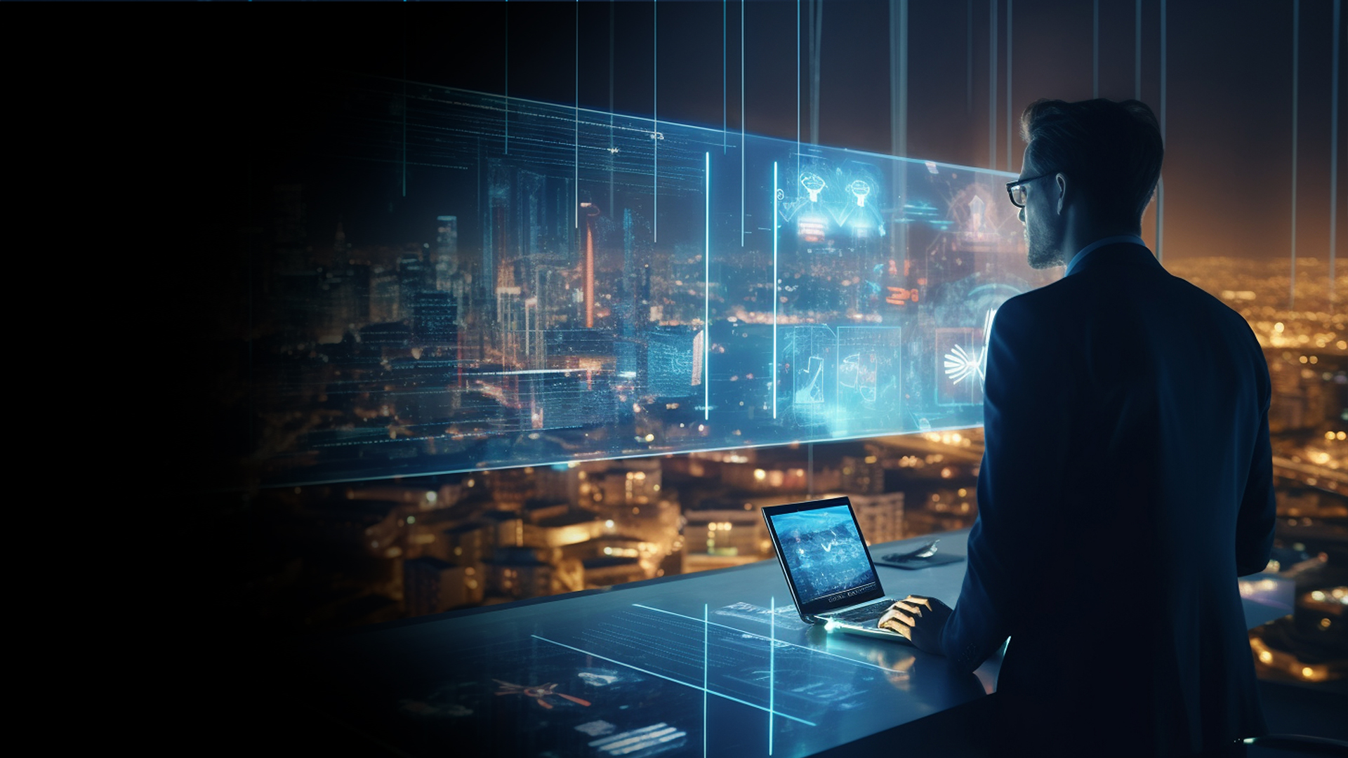 Man in a dark suit stands at a glass desk, looking at glowing holographic charts over a nighttime city skyline.