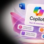 Promotional graphic for Copilot: colorful logo with the text 'Copilot' and 'Your AI coworker' on a bright abstract background with Office app icons flowing around it