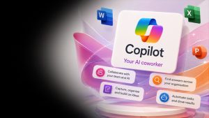 Promotional graphic for Copilot: colorful logo with the text 'Copilot' and 'Your AI coworker' on a bright abstract background with Office app icons flowing around it