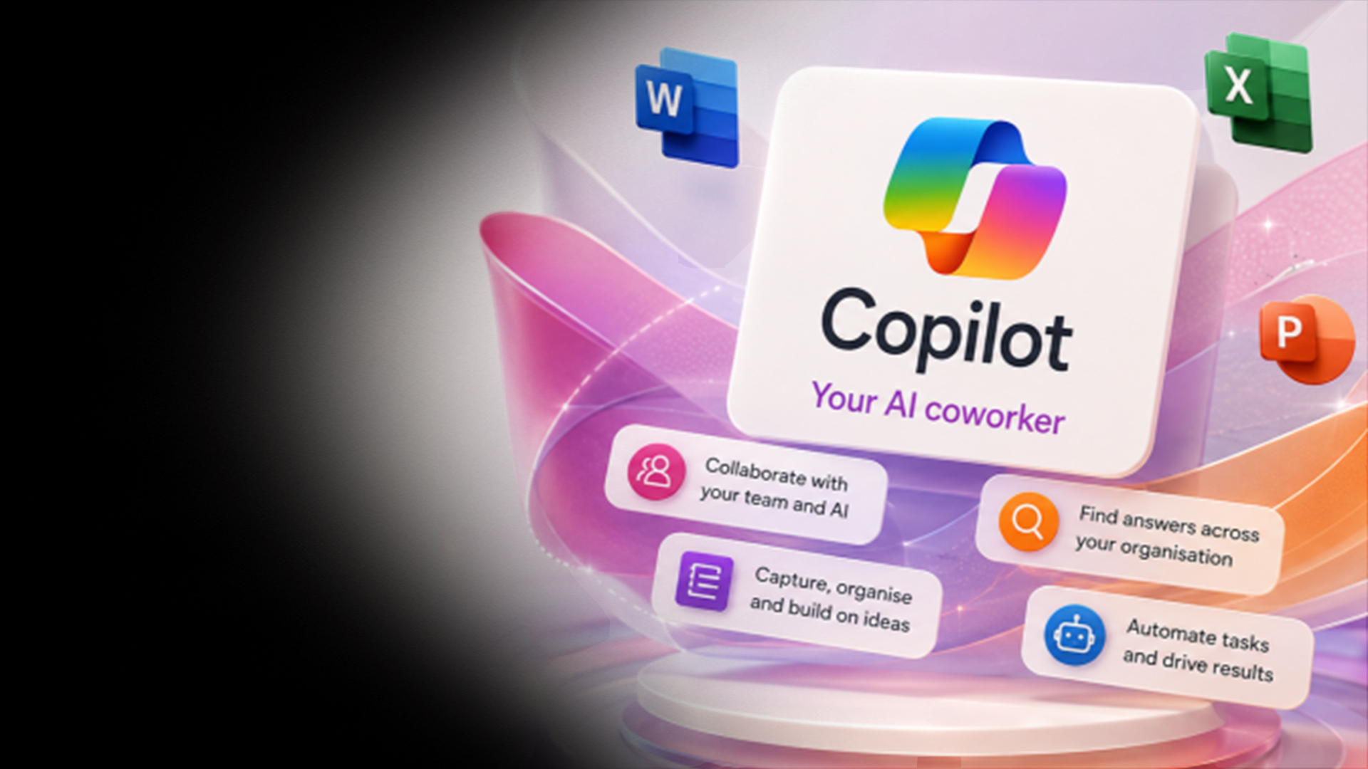 Promotional graphic for Copilot: colorful logo with the text 'Copilot' and 'Your AI coworker' on a bright abstract background with Office app icons flowing around it