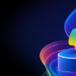 Abstract dark gradient background with a multicolor looping ribbon forming a geometric shape on the right.