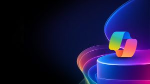 Abstract dark gradient background with a multicolor looping ribbon forming a geometric shape on the right.