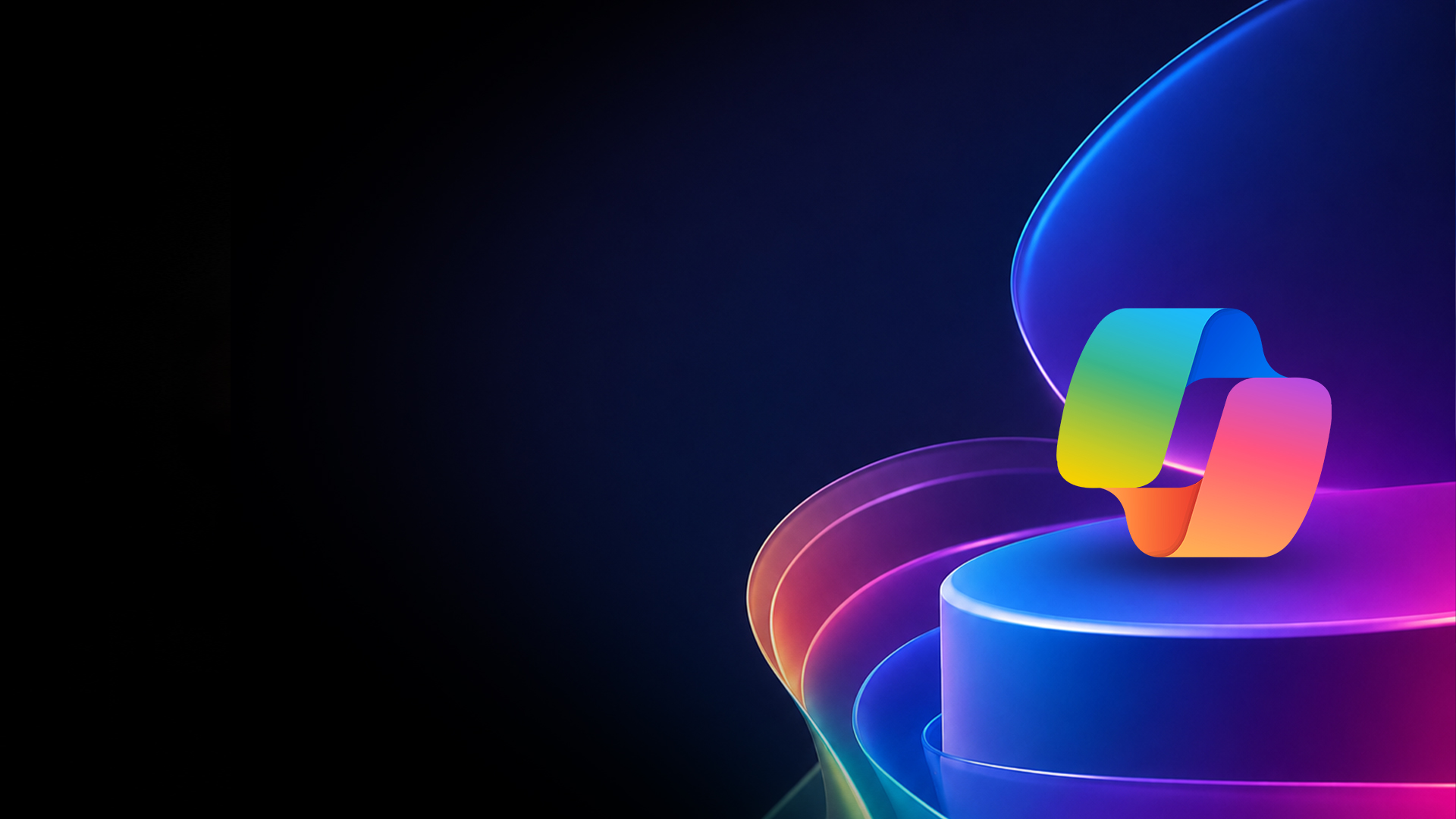 Abstract dark gradient background with a multicolor looping ribbon forming a geometric shape on the right.