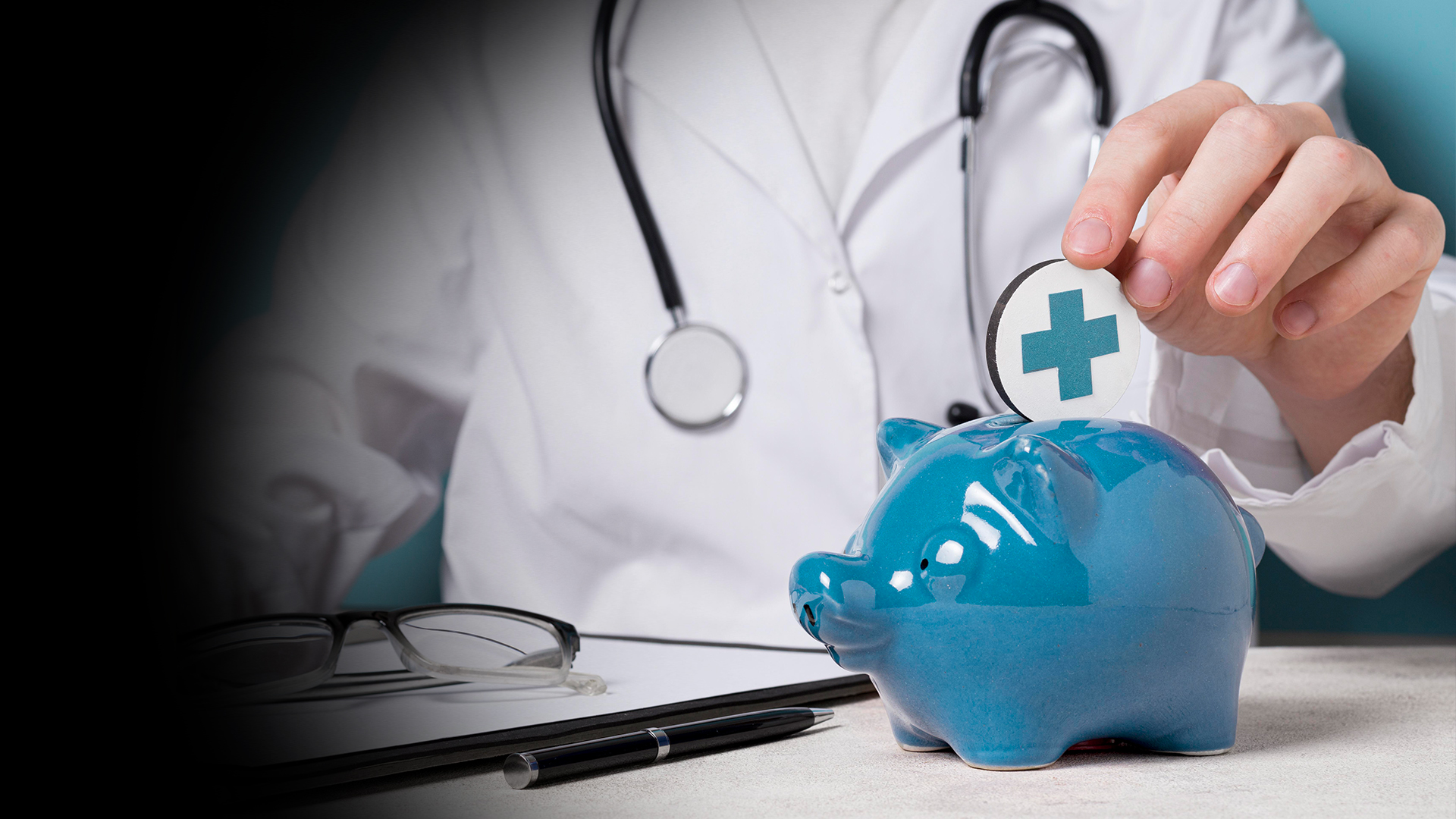 Doctor inserts a coin with a blue medical cross into a blue piggy bank, symbolizing health savings.