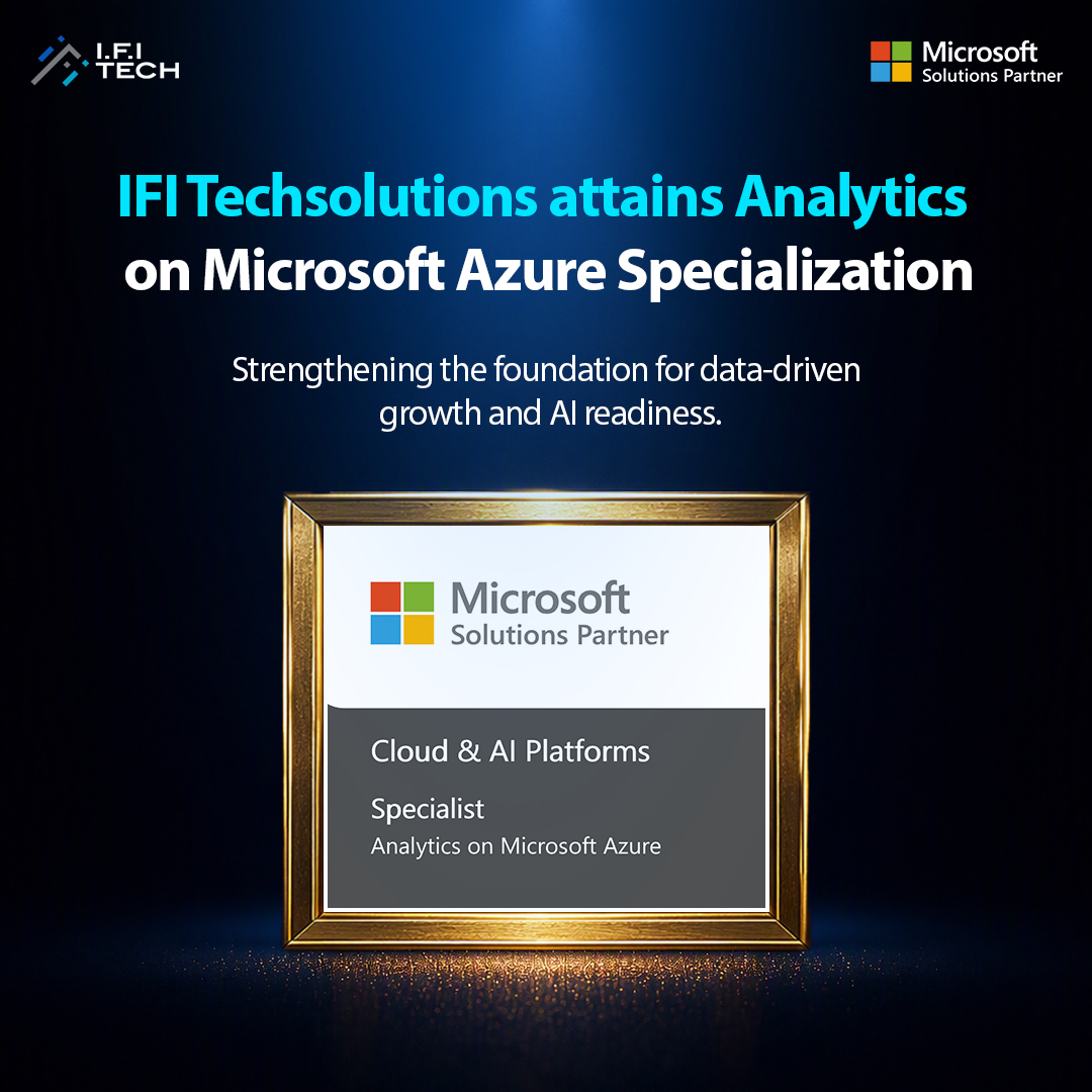 Banner announcing IFI Techsolutions' Analytics on Microsoft Azure specialization with a gold-framed certificate reading Cloud & AI Platforms Specialist.