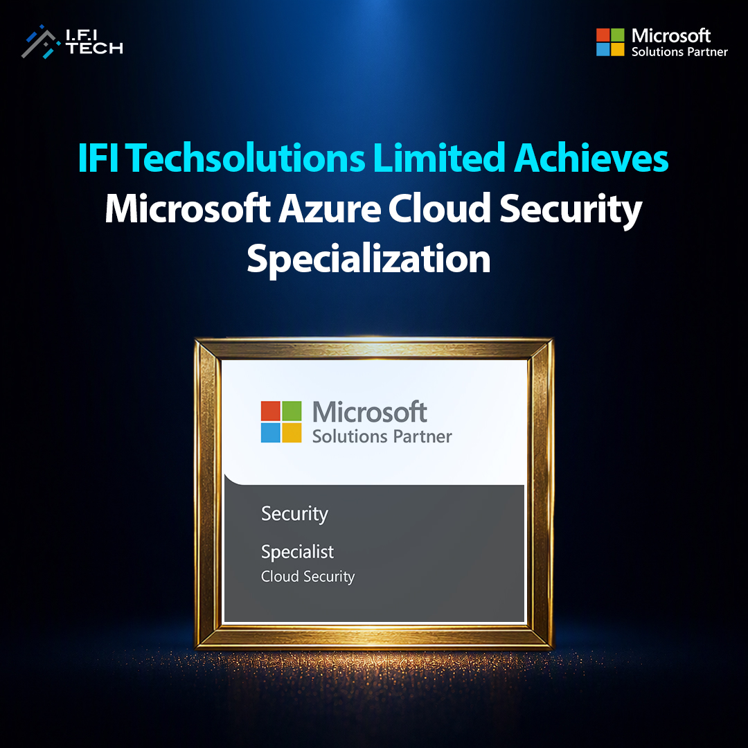 IF Techsolutions Limited earns Microsoft Azure Cloud Security Specialization, shown on a framed certificate with company logos in a dark stage setting.